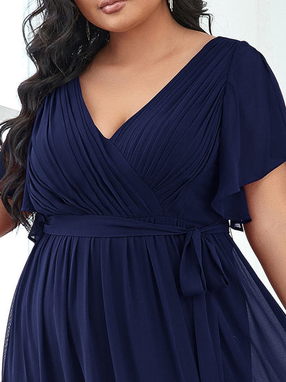 Graceful Deep V-Neck A-Line Plus Size Bridesmaid Dress with Ruffled Sleeves