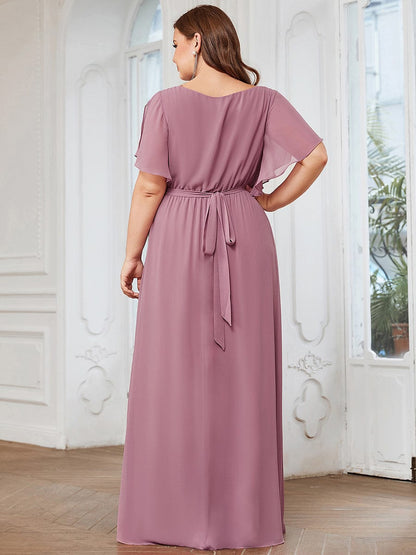 Graceful Deep V-Neck A-Line Plus Size Bridesmaid Dress with Ruffled Sleeves