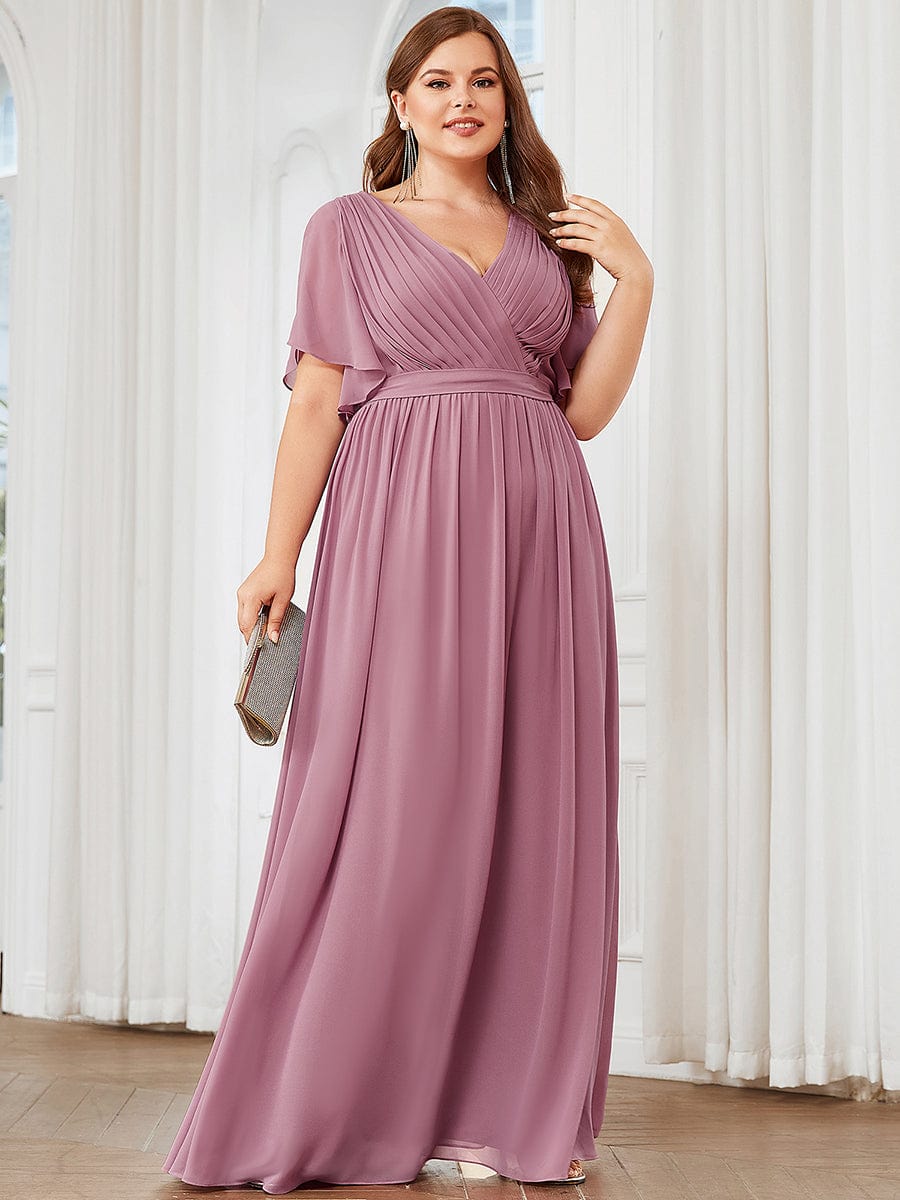 Graceful Deep V-Neck A-Line Plus Size Bridesmaid Dress with Ruffled Sleeves