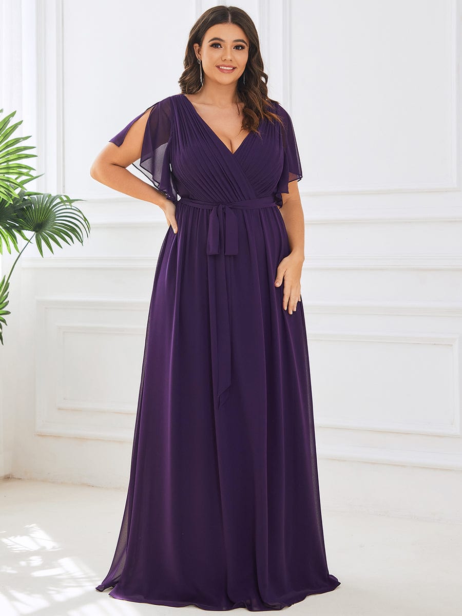 Graceful Deep V-Neck A-Line Plus Size Bridesmaid Dress with Ruffled Sleeves