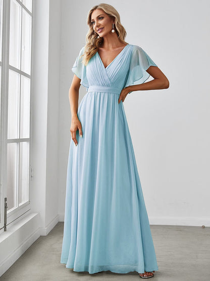 Graceful Deep V-Neck A-Line Plus Size Bridesmaid Dress with Ruffled Sleeves