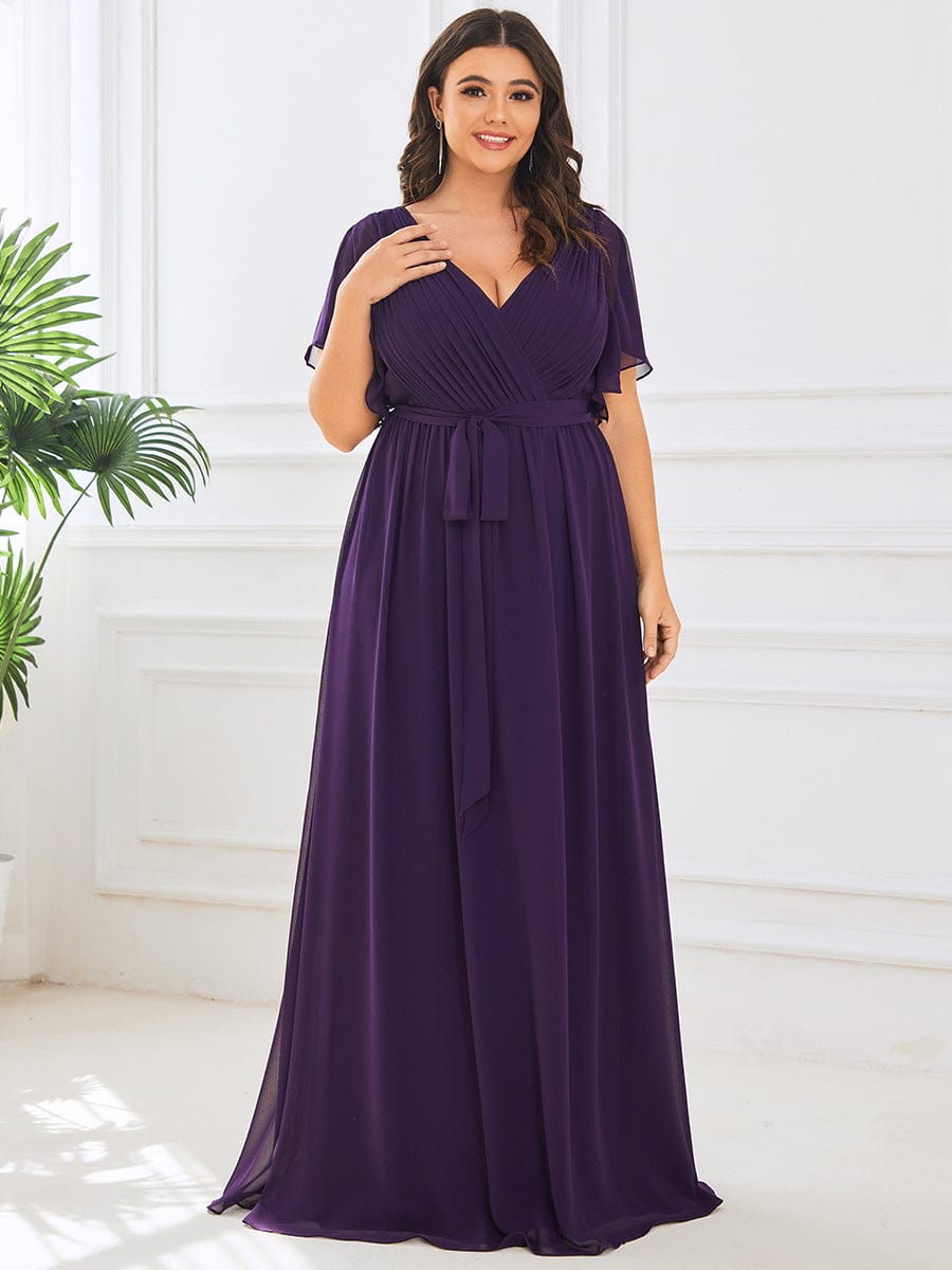 Graceful Deep V-Neck A-Line Plus Size Bridesmaid Dress with Ruffled Sleeves