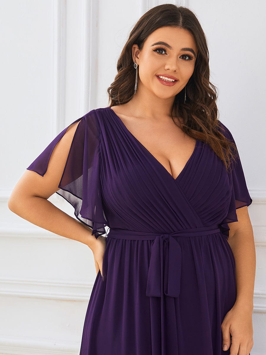 Graceful Deep V-Neck A-Line Plus Size Bridesmaid Dress with Ruffled Sleeves