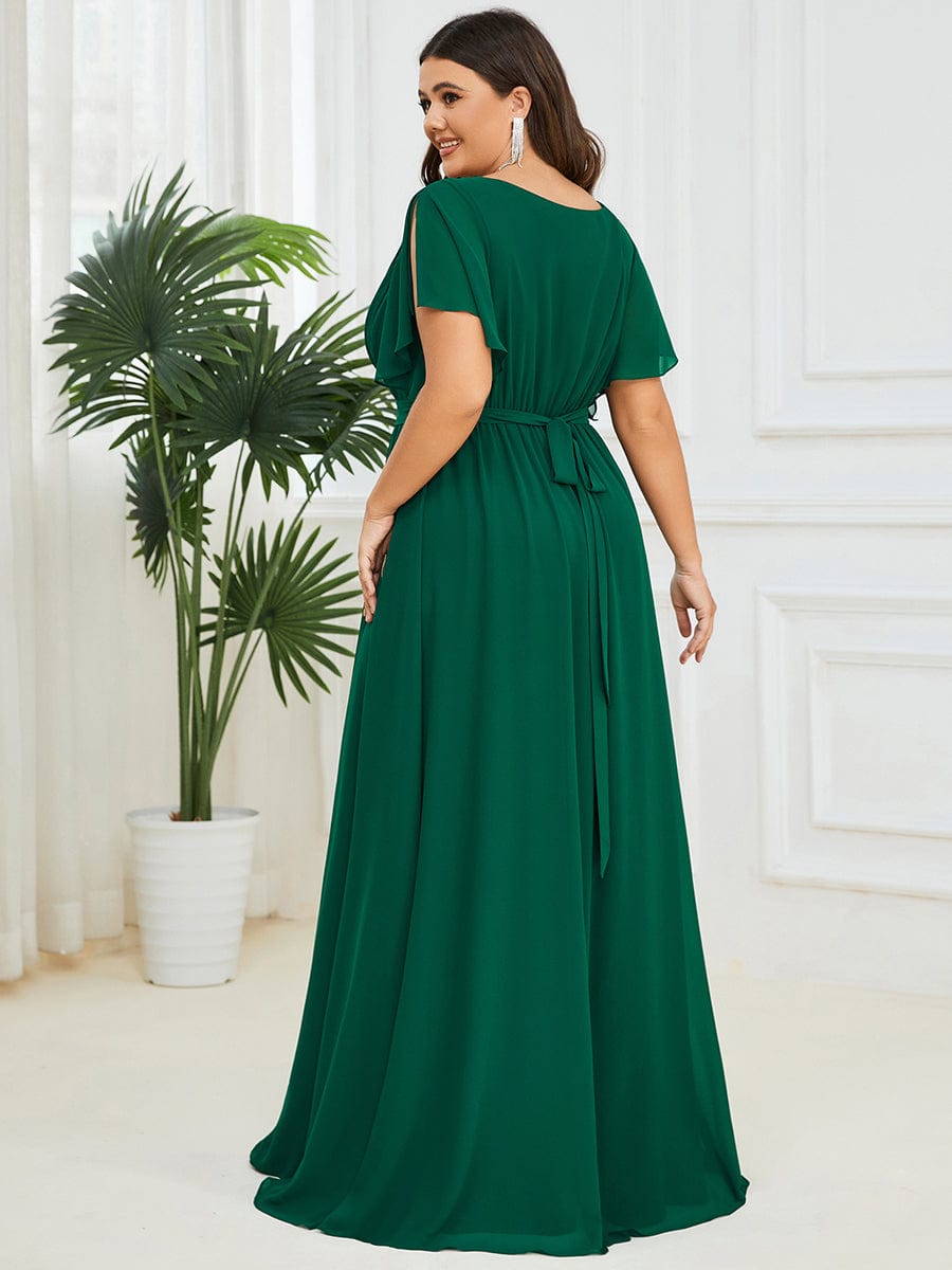 Graceful Deep V-Neck A-Line Plus Size Bridesmaid Dress with Ruffled Sleeves
