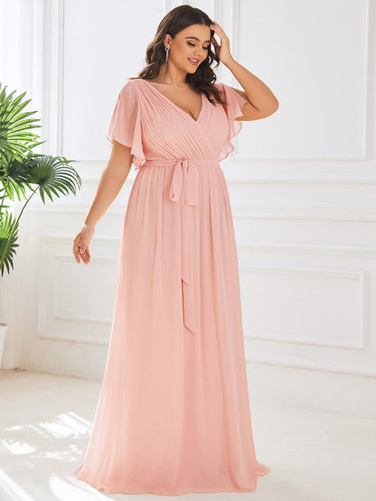 Graceful Deep V-Neck A-Line Plus Size Bridesmaid Dress with Ruffled Sleeves