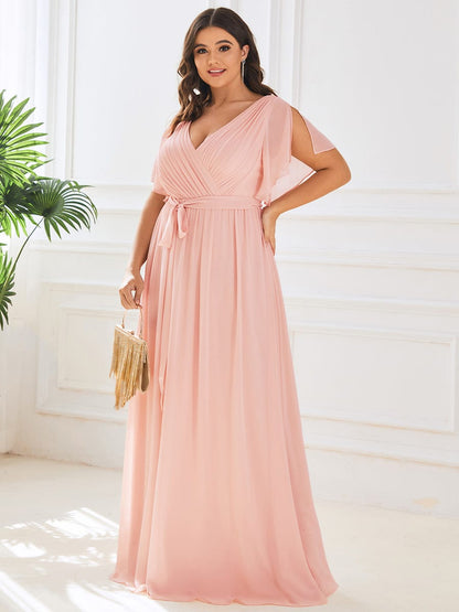 Graceful Deep V-Neck A-Line Plus Size Bridesmaid Dress with Ruffled Sleeves