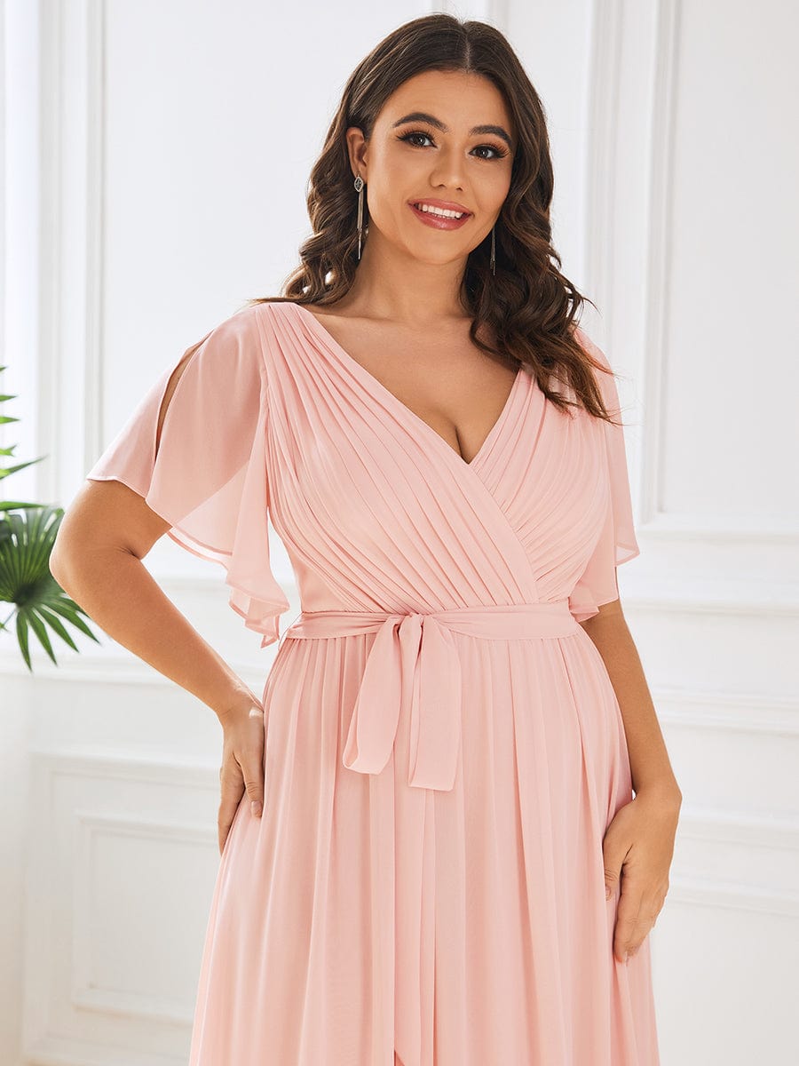 Graceful Deep V-Neck A-Line Plus Size Bridesmaid Dress with Ruffled Sleeves
