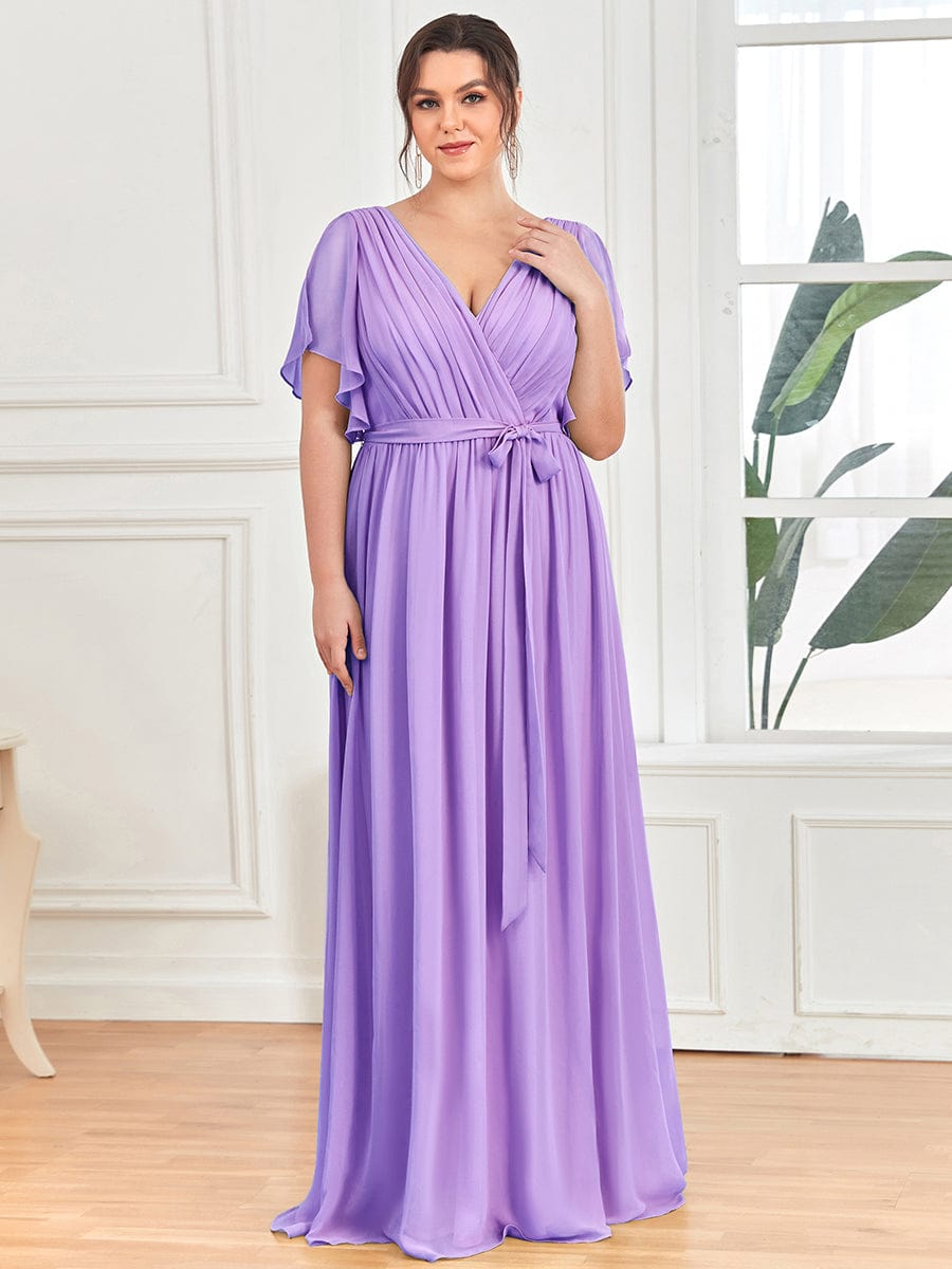 Graceful Deep V-Neck A-Line Plus Size Bridesmaid Dress with Ruffled Sleeves