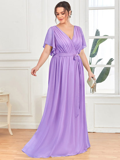 Graceful Deep V-Neck A-Line Plus Size Bridesmaid Dress with Ruffled Sleeves