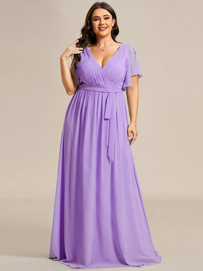 Graceful Deep V-Neck A-Line Plus Size Bridesmaid Dress with Ruffled Sleeves