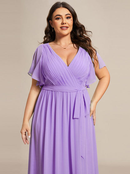 Graceful Deep V-Neck A-Line Plus Size Bridesmaid Dress with Ruffled Sleeves