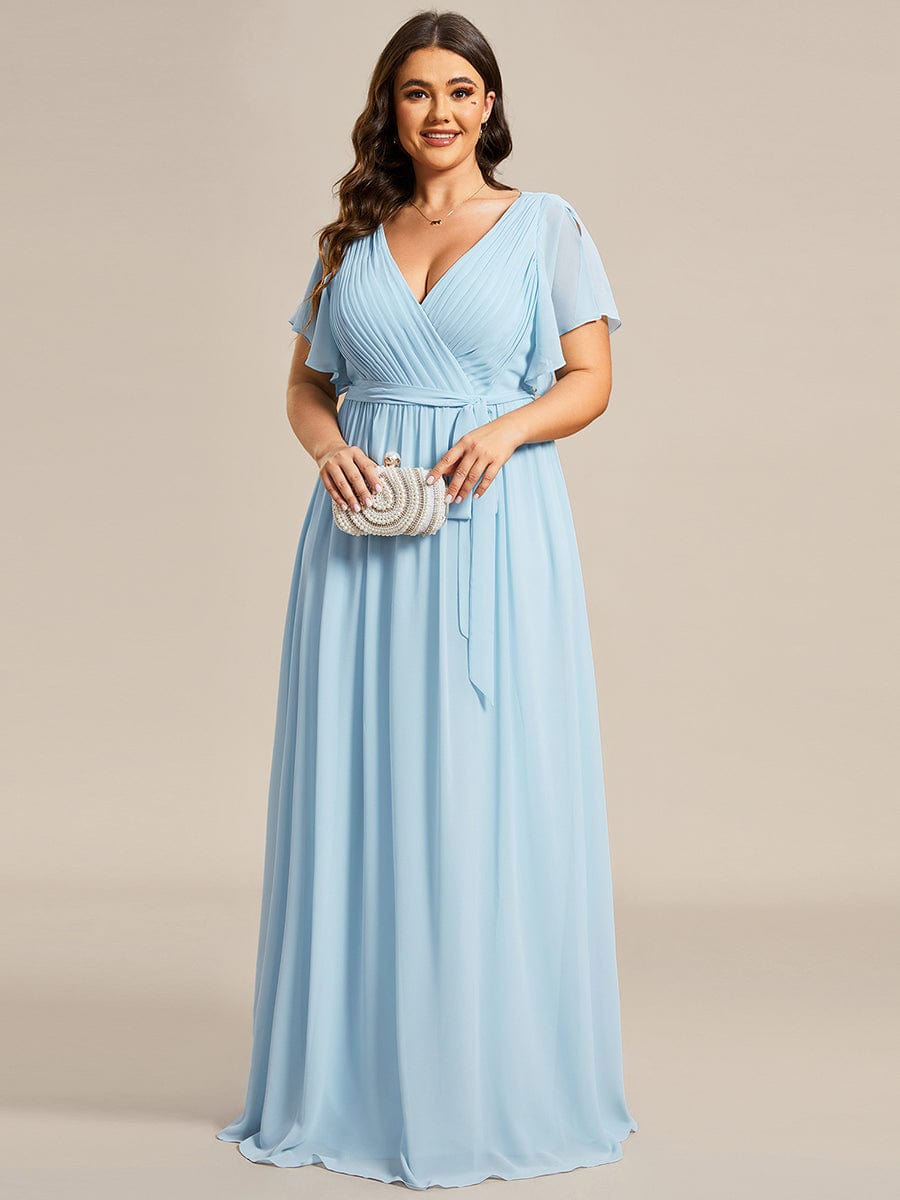 Graceful Deep V-Neck A-Line Plus Size Bridesmaid Dress with Ruffled Sleeves
