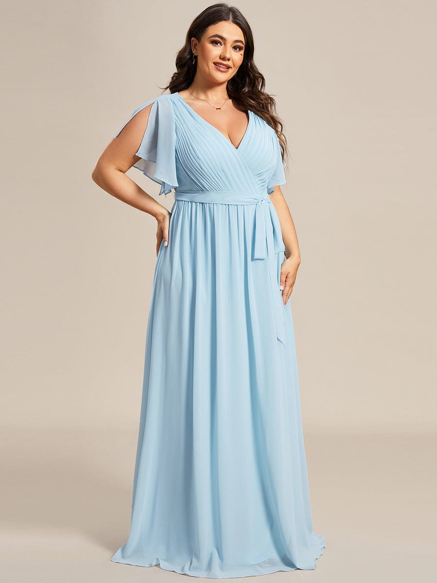 Graceful Deep V-Neck A-Line Plus Size Bridesmaid Dress with Ruffled Sleeves