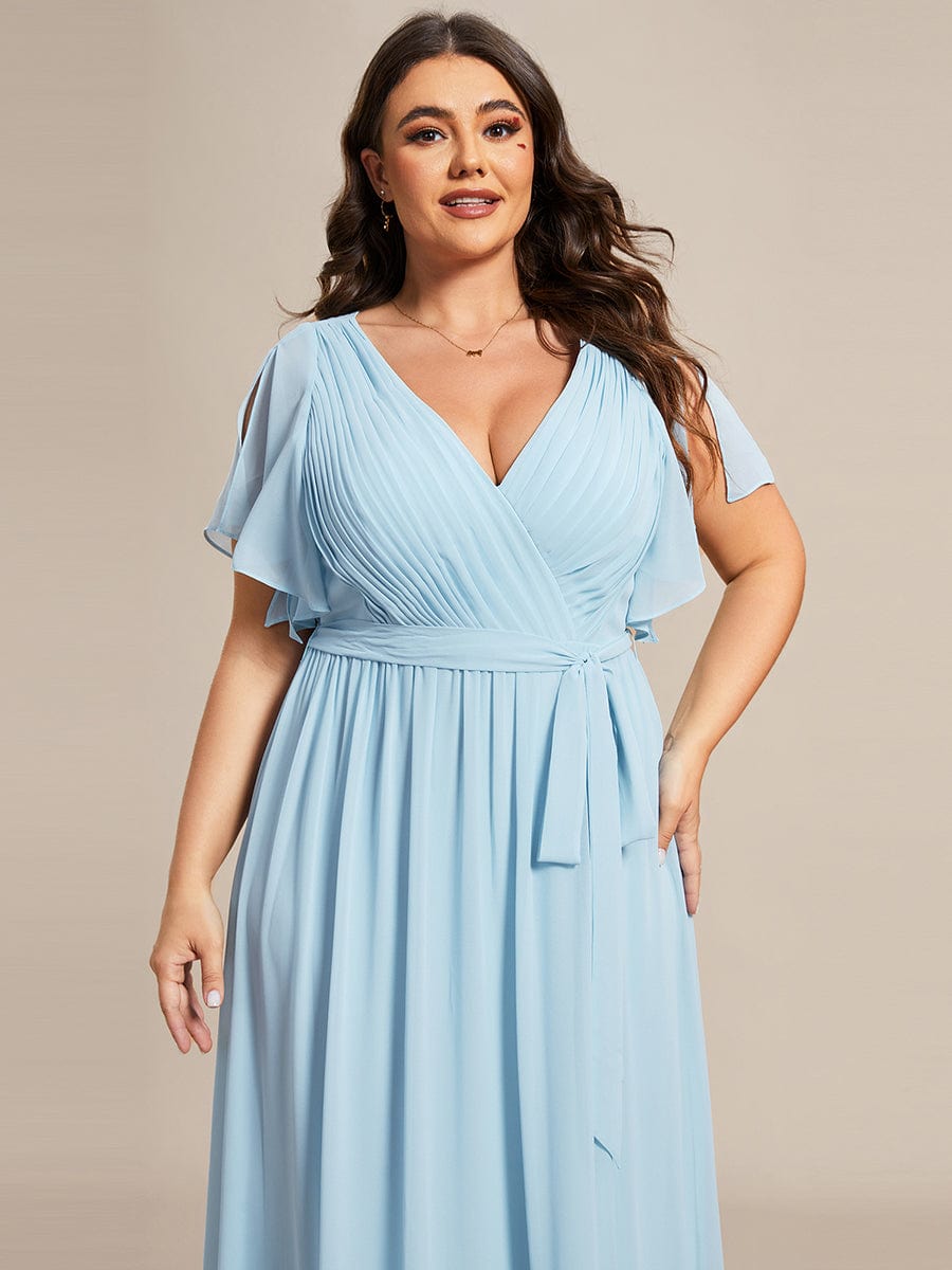 Graceful Deep V-Neck A-Line Plus Size Bridesmaid Dress with Ruffled Sleeves