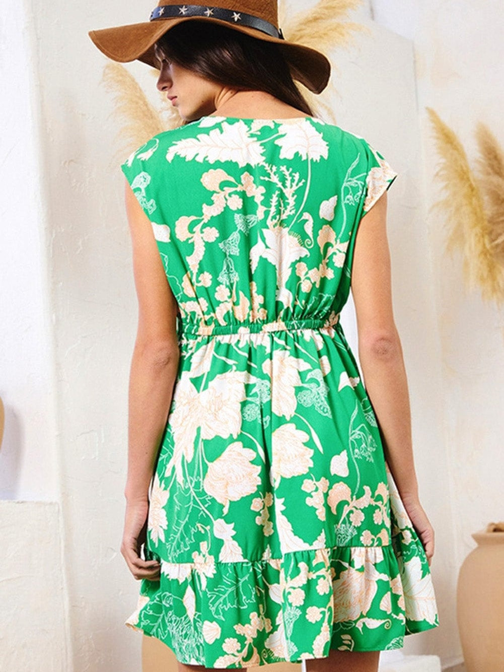 Graceful Green Floral V Neck Ruffled Hem Mini Dress