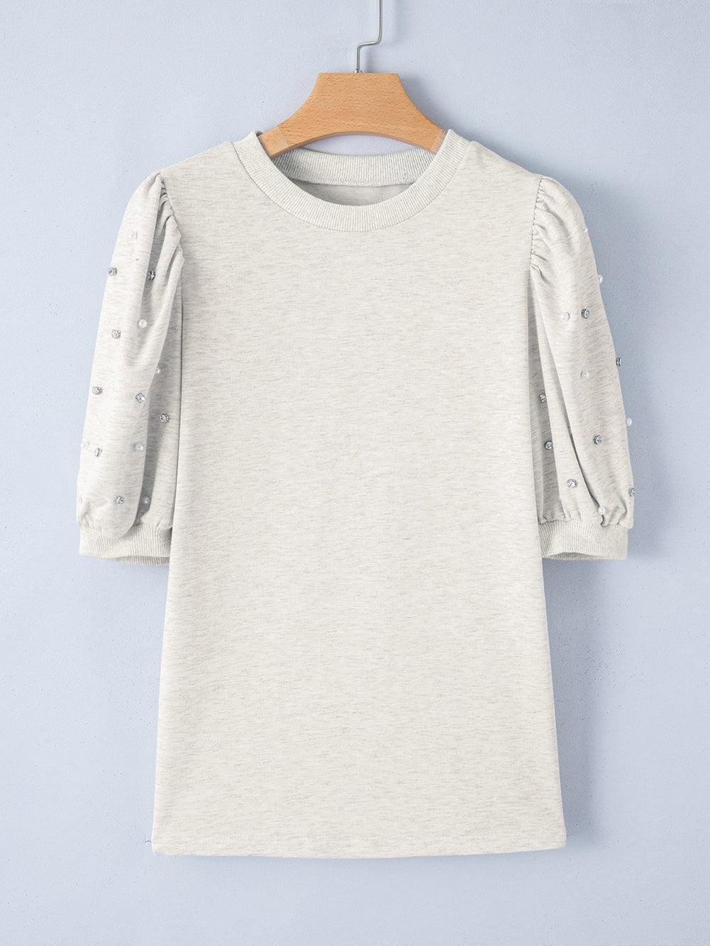 Graceful Light Grey Rhinestone and Pearl Embellished Puff Sleeve Top
