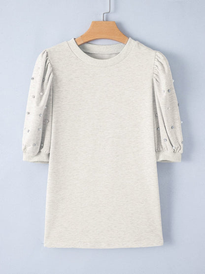 Graceful Light Grey Rhinestone and Pearl Embellished Puff Sleeve Top
