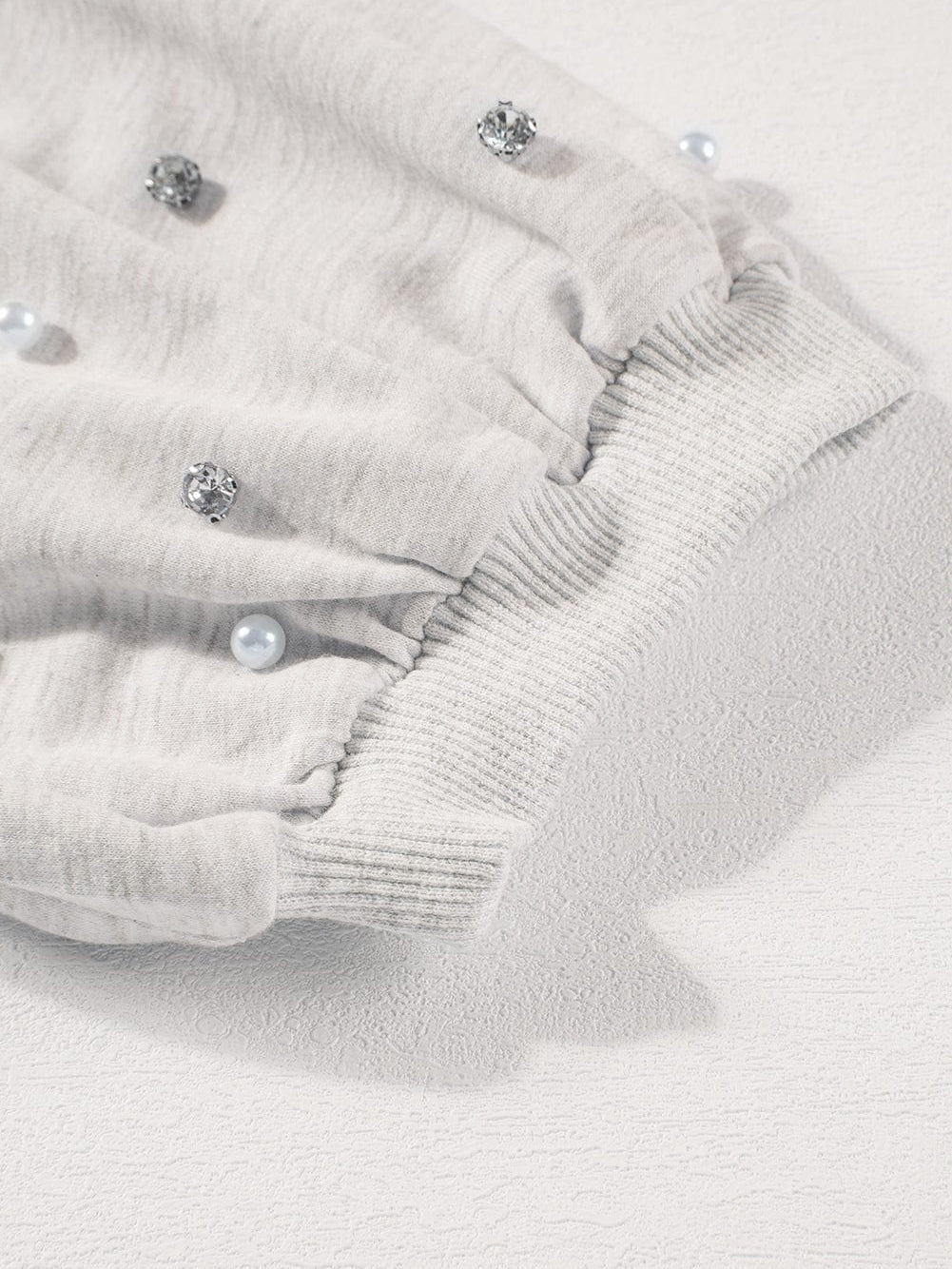 Graceful Light Grey Rhinestone and Pearl Embellished Puff Sleeve Top