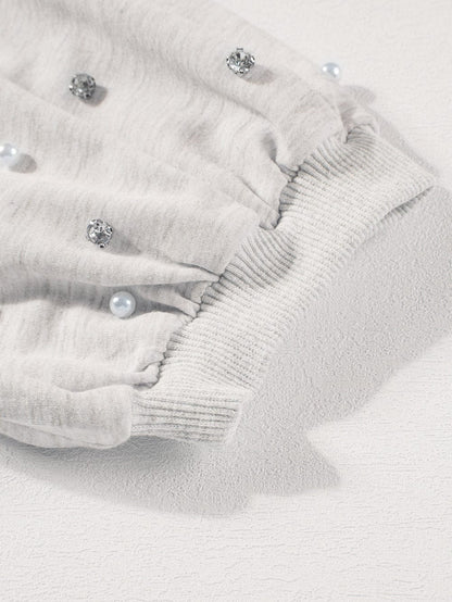 Graceful Light Grey Rhinestone and Pearl Embellished Puff Sleeve Top