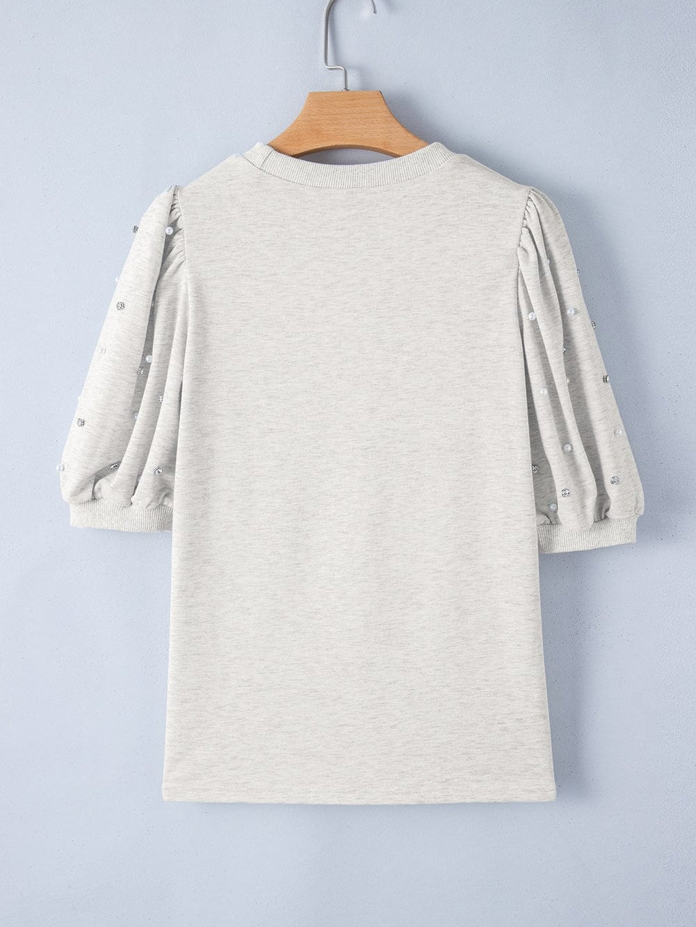 Graceful Light Grey Rhinestone and Pearl Embellished Puff Sleeve Top