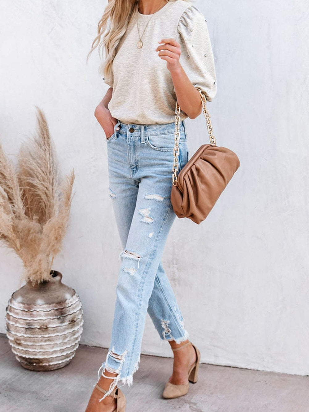 Graceful Light Grey Rhinestone and Pearl Embellished Puff Sleeve Top