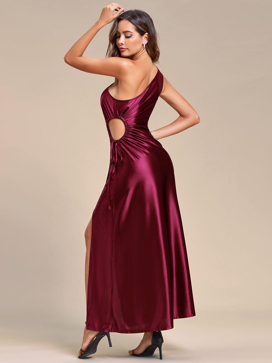 Graceful One Shoulder Satin Wedding Guest Dress with Hollow-Out Detail