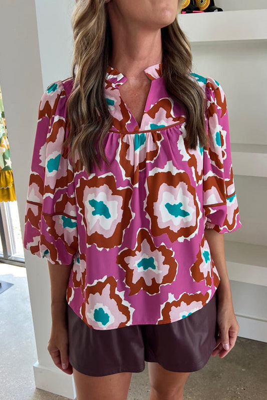 Graceful Pink Abstract Pattern V-Neck Blouse