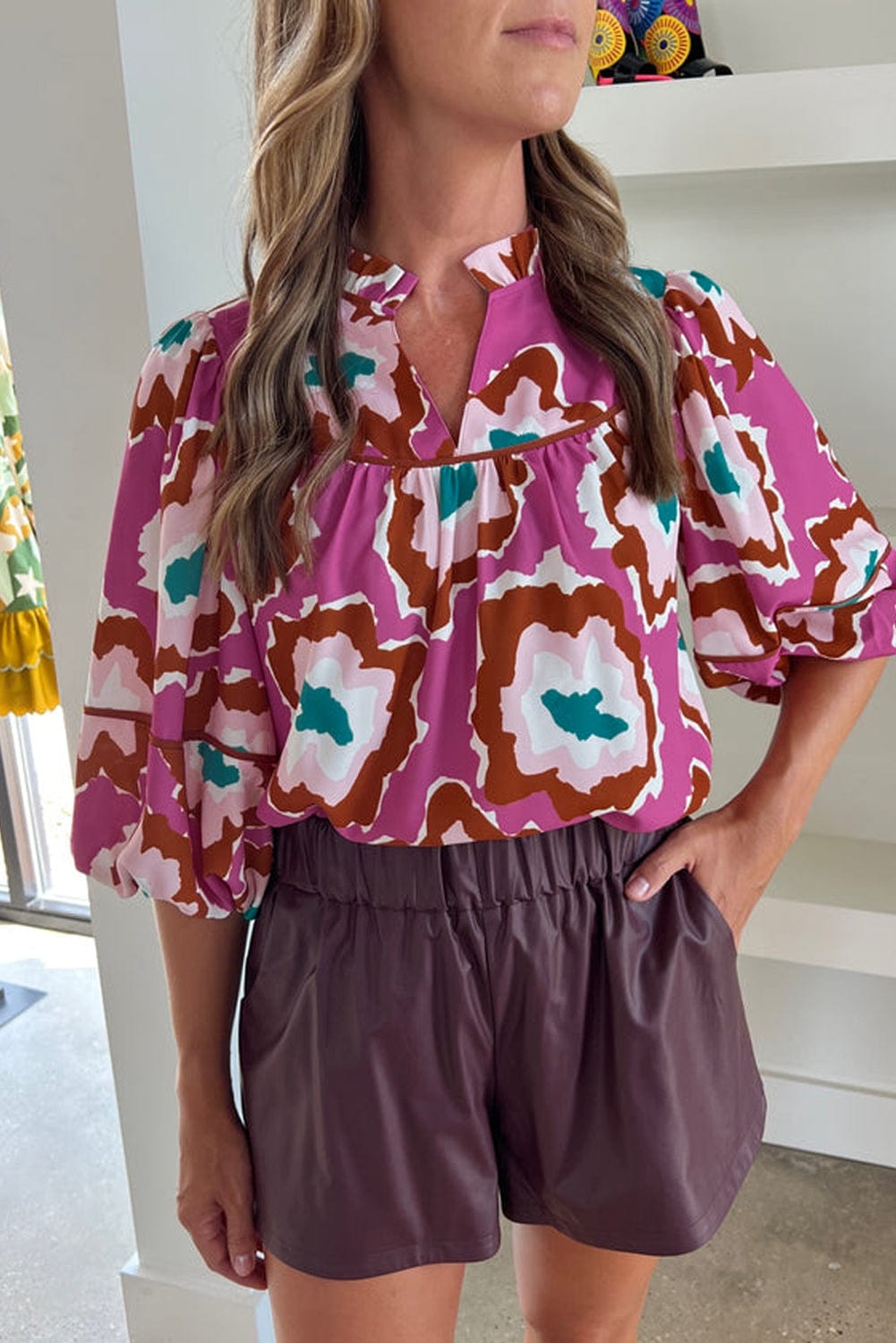 Graceful Pink Abstract Pattern V-Neck Blouse