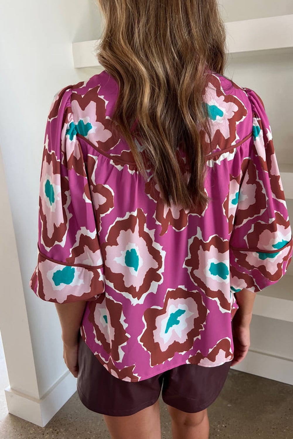 Graceful Pink Abstract Pattern V-Neck Blouse