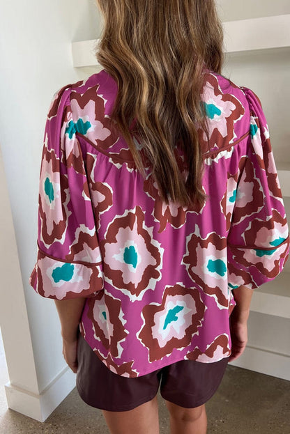 Graceful Pink Abstract Pattern V-Neck Blouse