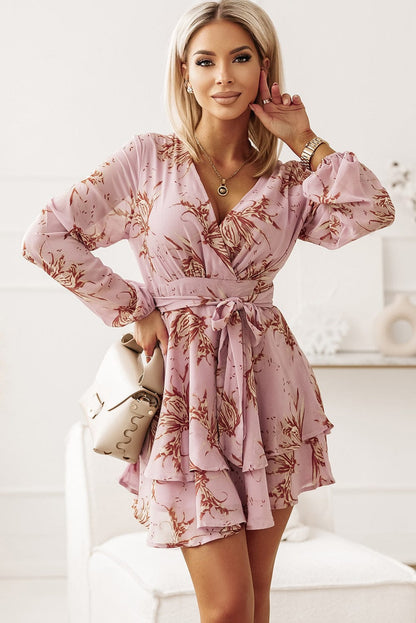 Graceful Pink Floral Print Ruffle Hem Short Dress with Waist Tie