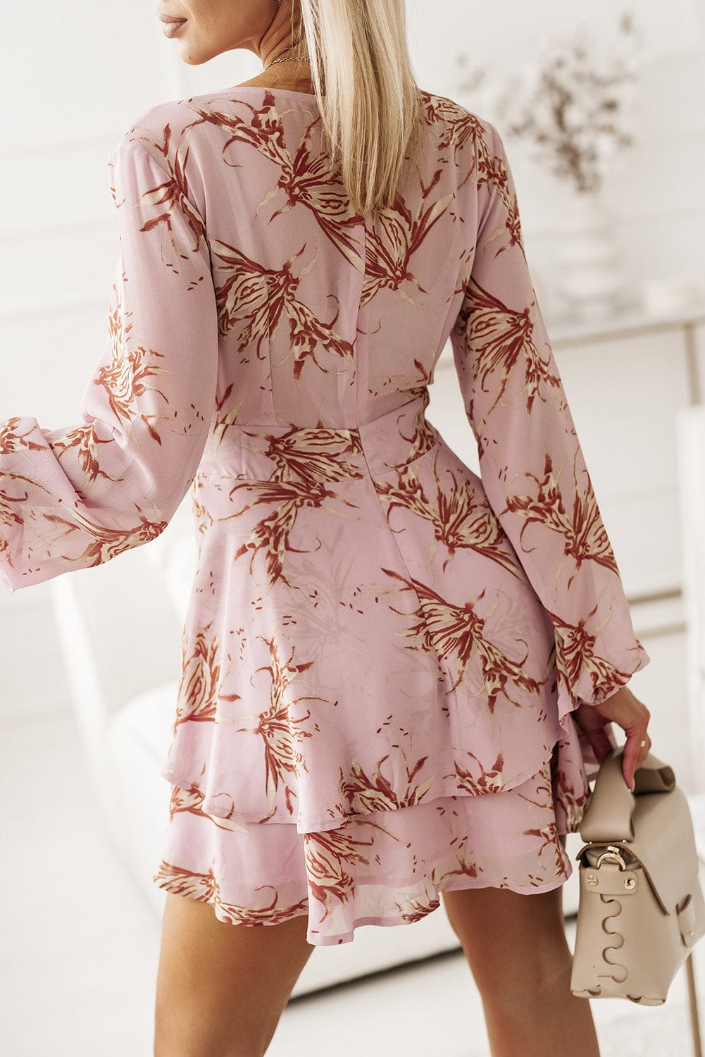 Graceful Pink Floral Print Ruffle Hem Short Dress with Waist Tie