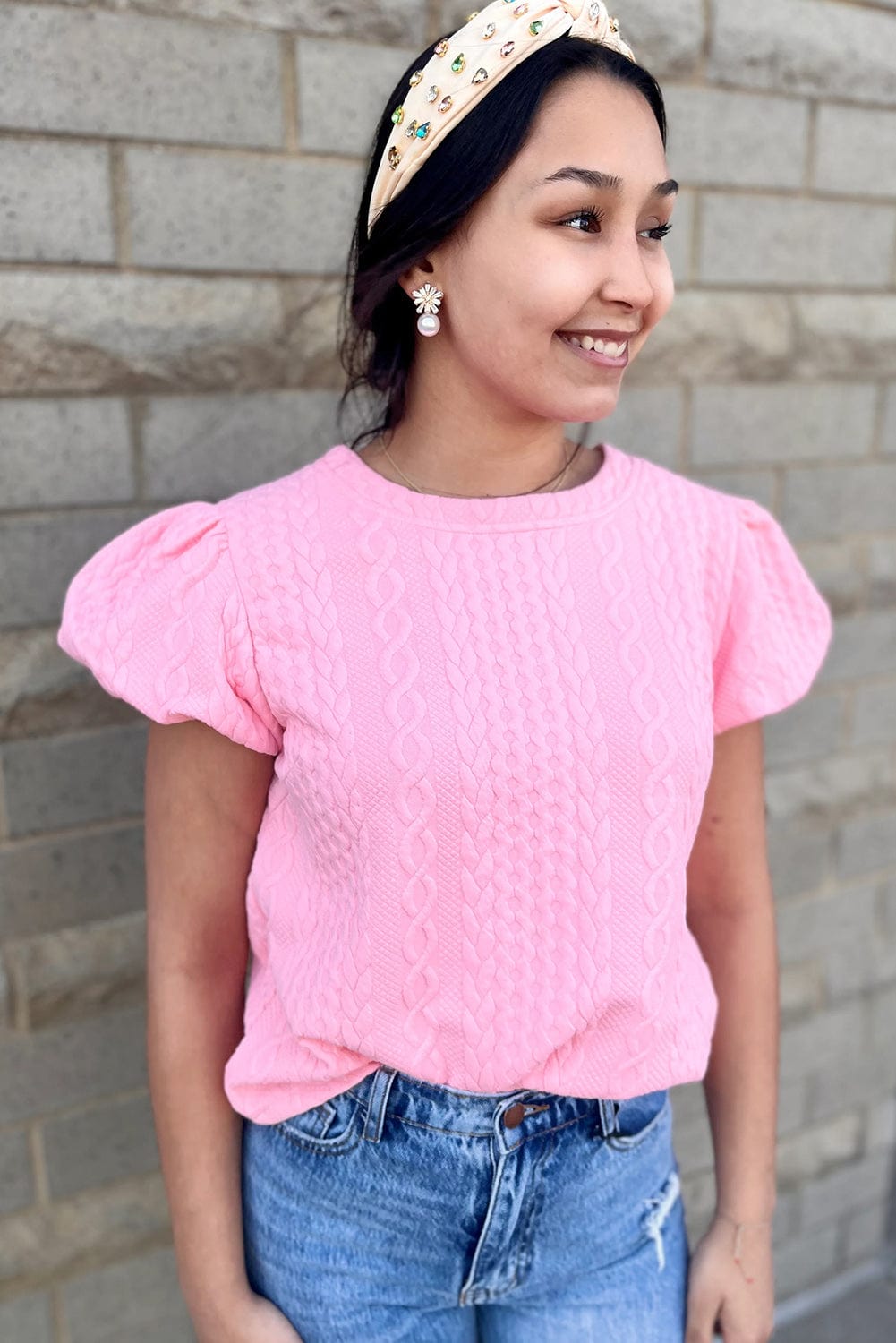 Graceful Pink Textured Puff Sleeve Tee