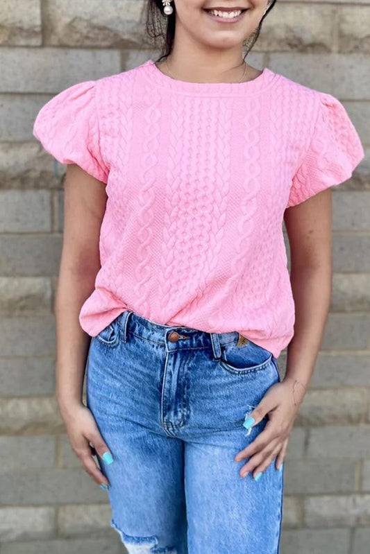 Graceful Pink Textured Puff Sleeve Tee