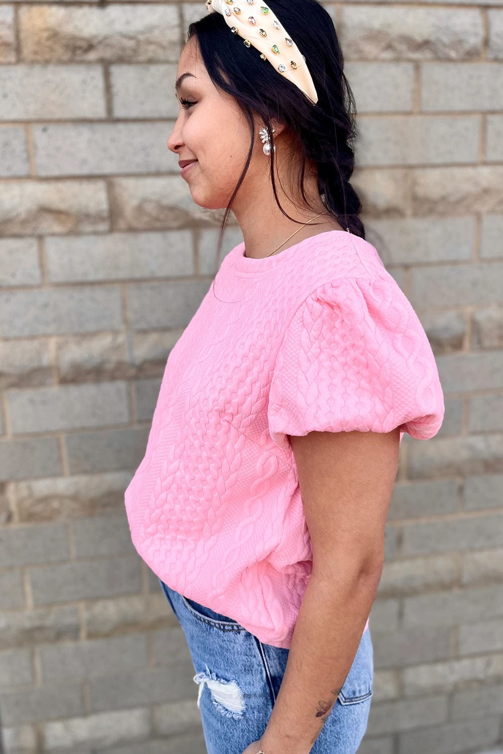 Graceful Pink Textured Puff Sleeve Tee