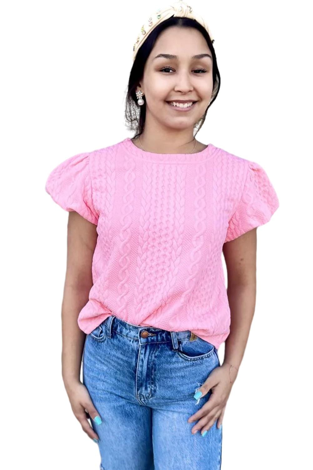 Graceful Pink Textured Puff Sleeve Tee