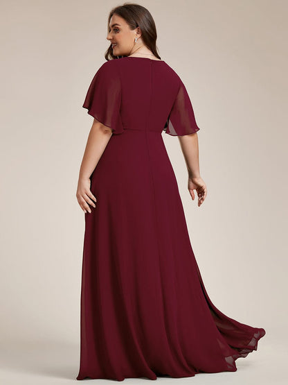 Graceful Plus Size Floral A-Line Chiffon Evening Dress with Short Sleeves