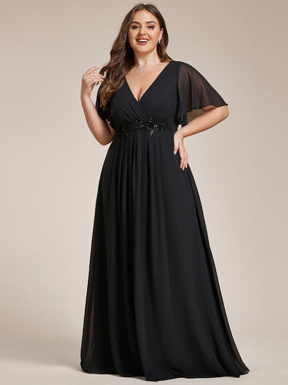 Graceful Plus Size Floral A-Line Chiffon Evening Dress with Short Sleeves