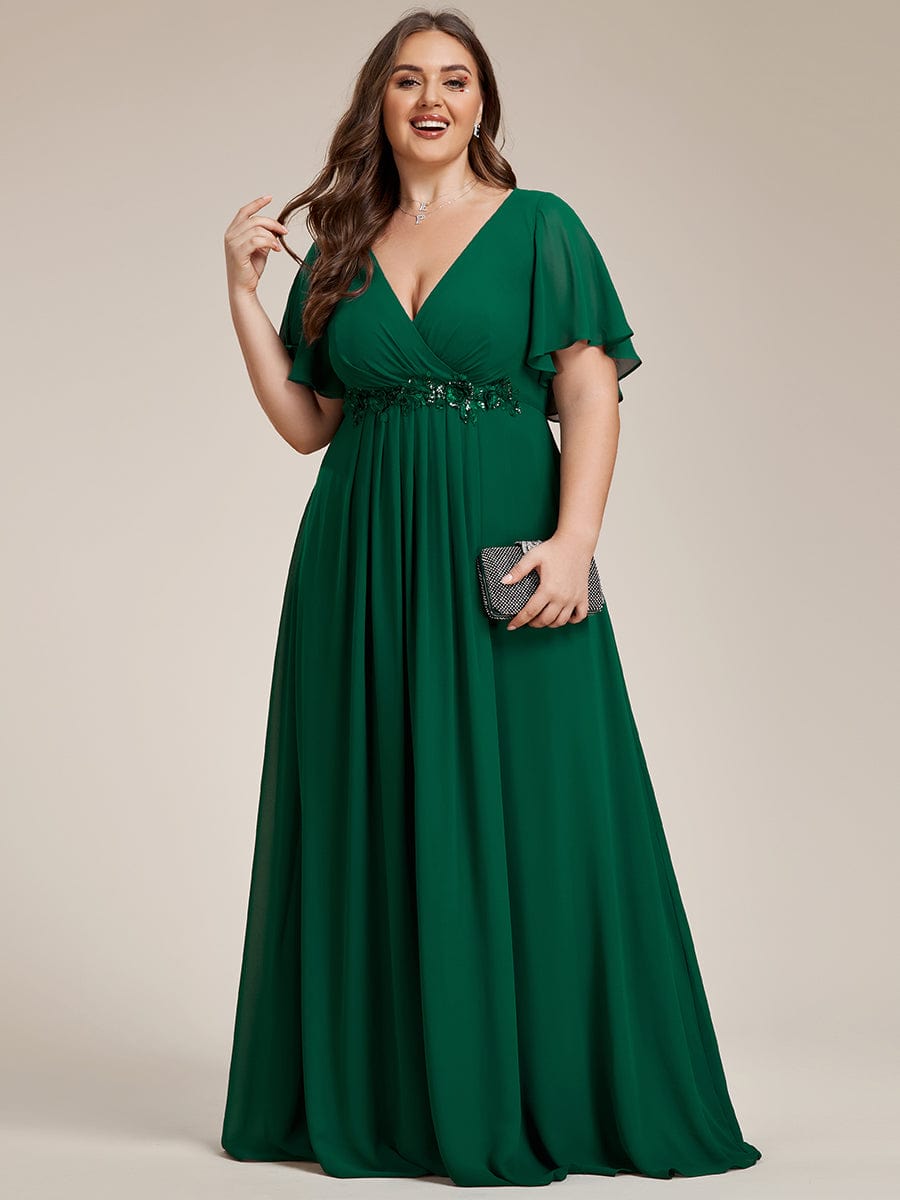 Graceful Plus Size Floral A-Line Chiffon Evening Dress with Short Sleeves