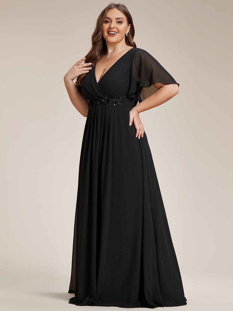 Graceful Plus Size Floral A-Line Chiffon Evening Dress with Short Sleeves