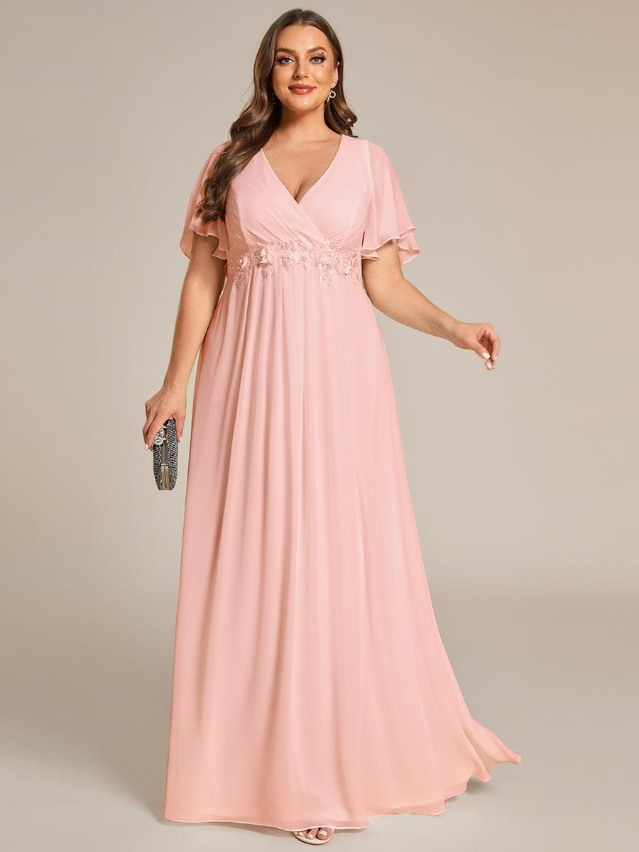Graceful Plus Size Floral A-Line Chiffon Evening Dress with Short Sleeves