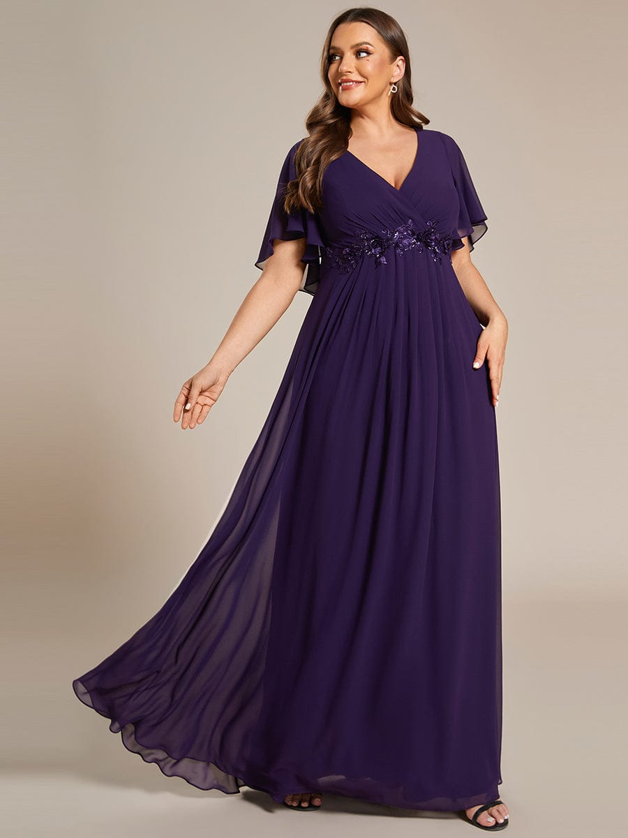 Graceful Plus Size Floral A-Line Chiffon Evening Dress with Short Sleeves