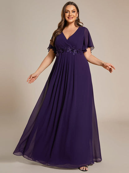 Graceful Plus Size Floral A-Line Chiffon Evening Dress with Short Sleeves