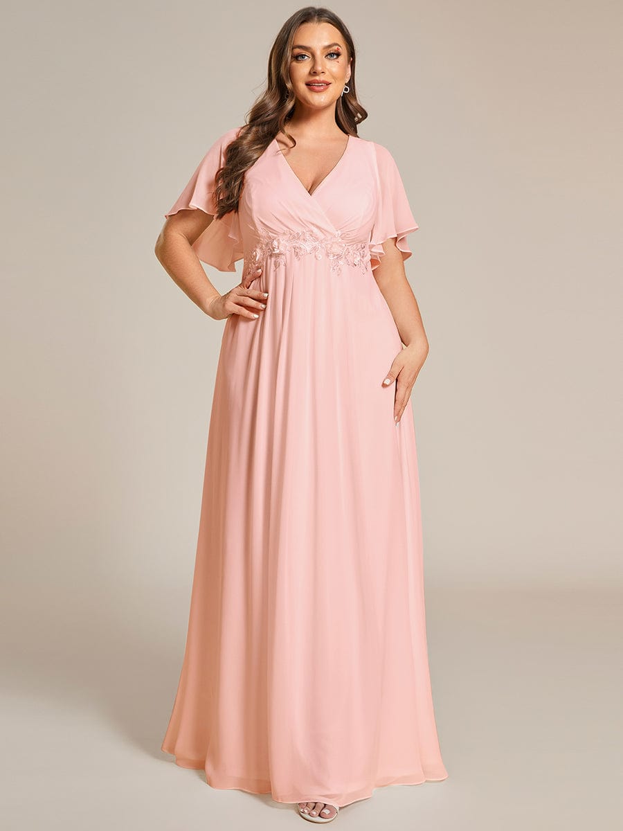Graceful Plus Size Floral A-Line Chiffon Evening Dress with Short Sleeves