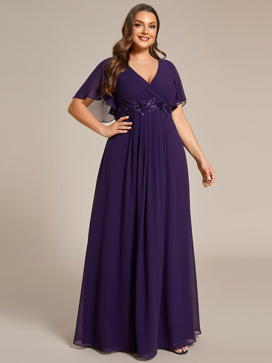 Graceful Plus Size Floral A-Line Chiffon Evening Dress with Short Sleeves