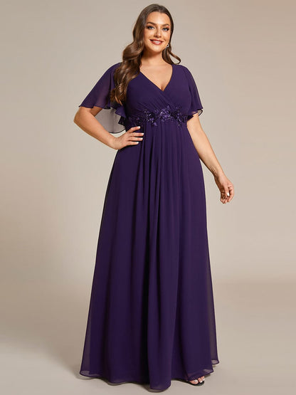 Graceful Plus Size Floral A-Line Chiffon Evening Dress with Short Sleeves