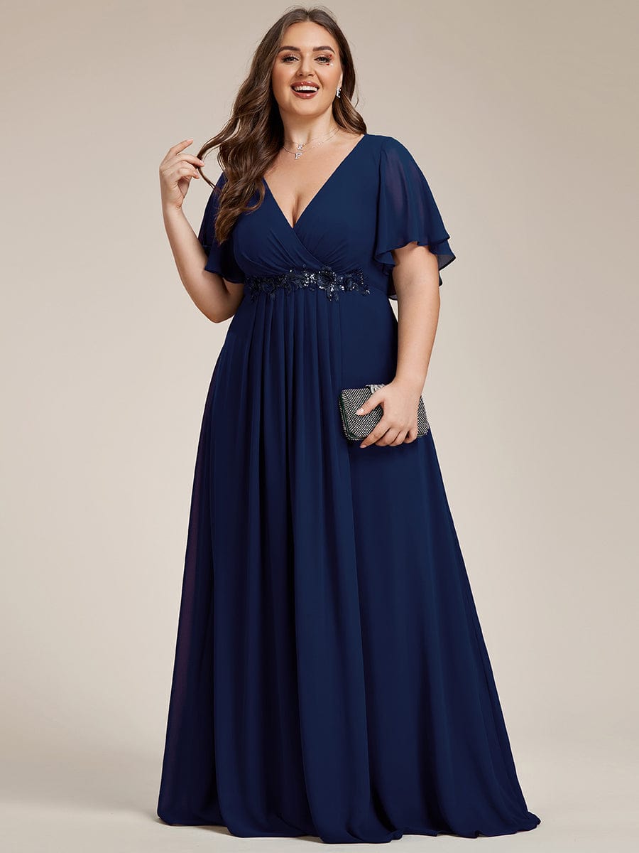 Graceful Plus Size Floral A-Line Chiffon Evening Dress with Short Sleeves