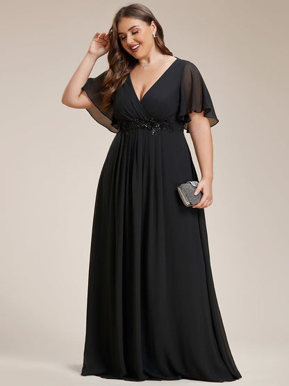 Graceful Plus Size Floral A-Line Chiffon Evening Dress with Short Sleeves