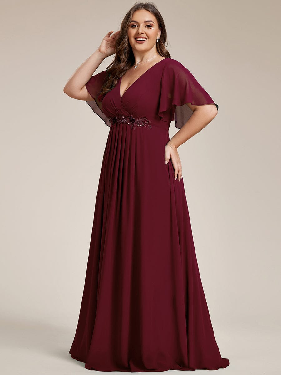 Graceful Plus Size Floral A-Line Chiffon Evening Dress with Short Sleeves
