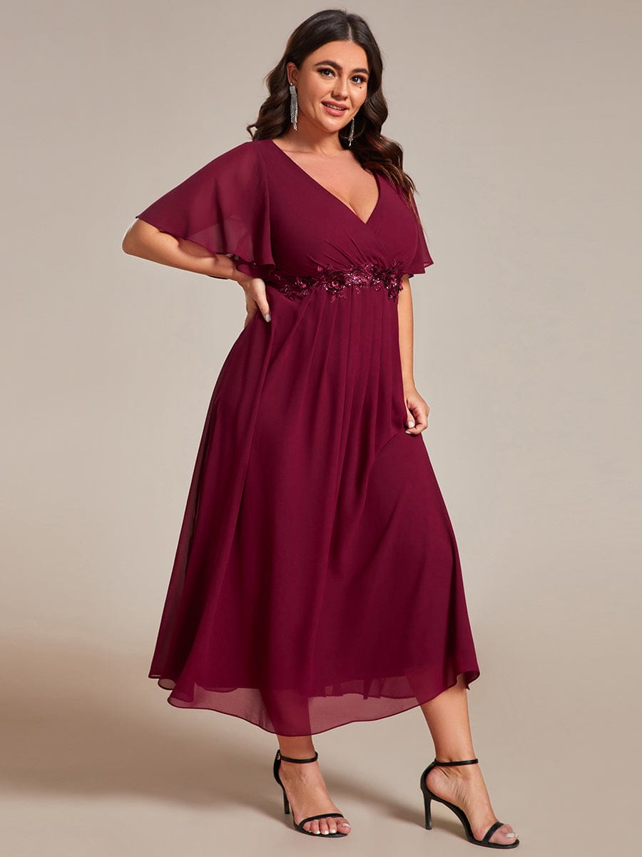Graceful V-Neck Plus Size Wedding Guest Dress with Floral Applique